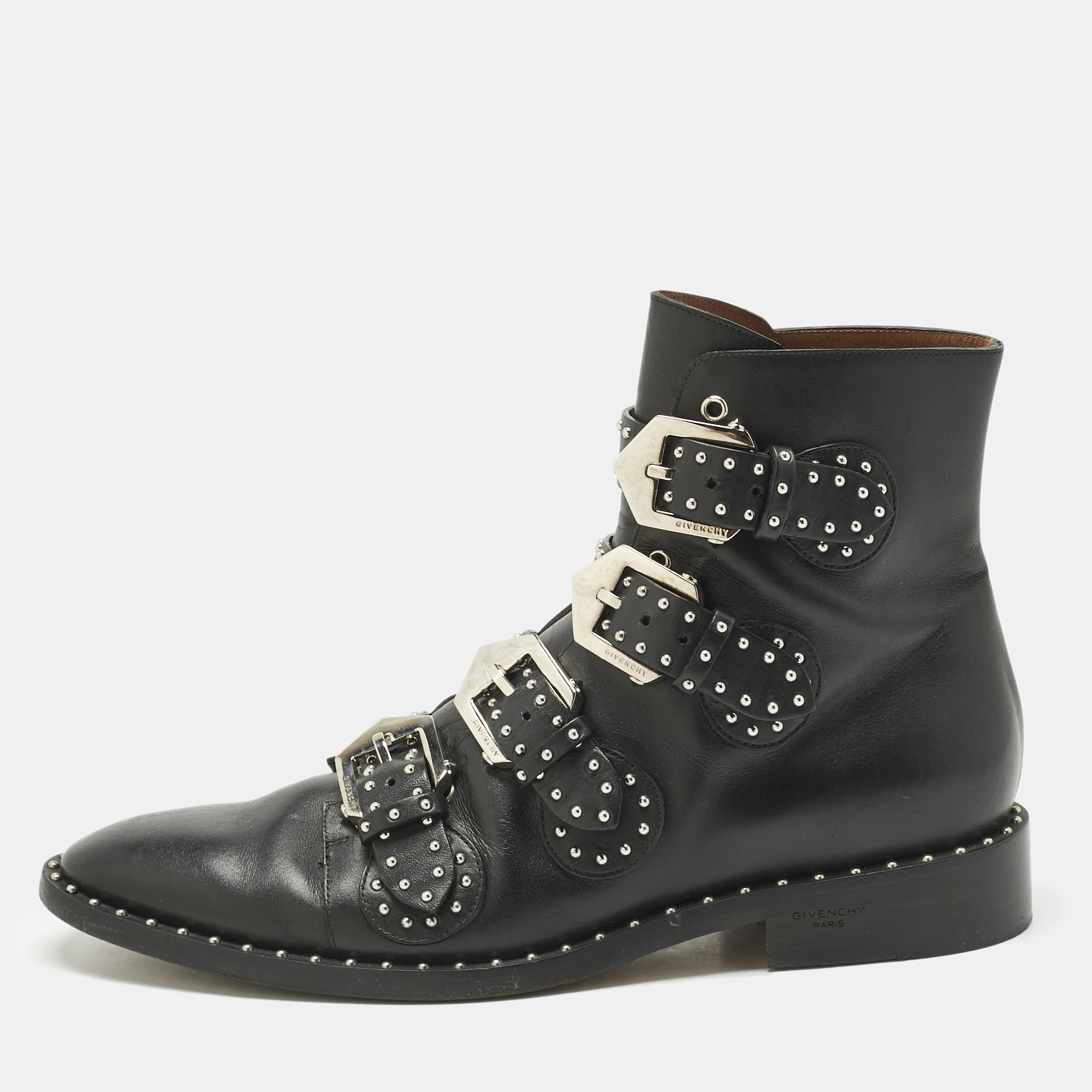 

Givenchy Black Leather Studded Buckle Detail Ankle Boots Size