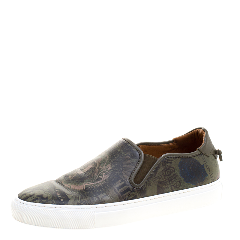Givenchy Olive Green Printed Leather Street Skate Slip On Sneakers Size 41.5