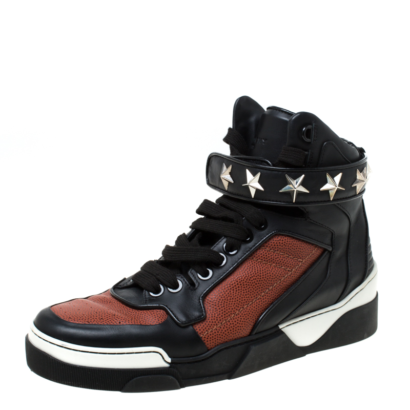 Givenchy Black/Brown Leather Tyson Star Studded High Top Sneakers Size 43