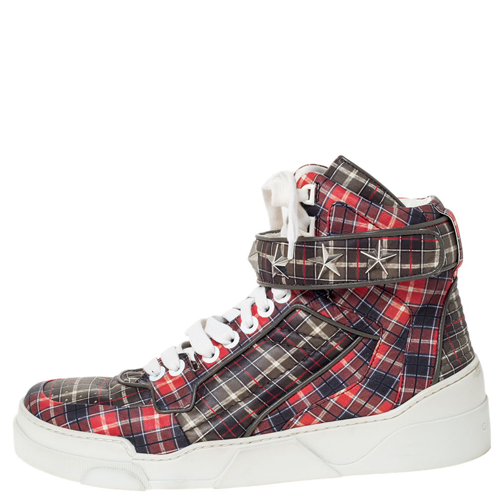 

Givenchy Multicolor Plaid Leather Tyson Star Studded High Top Sneakers Size