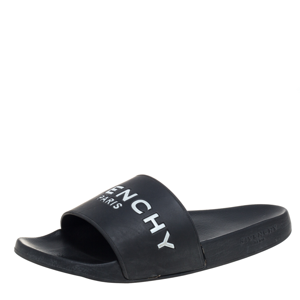 Pre-owned Givenchy Black Rubber Logo Slide Sandals Size 43