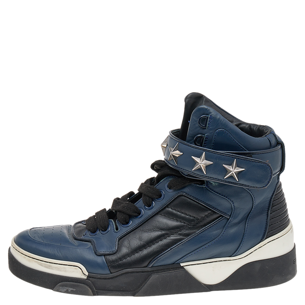 

Givenchy Blue/Black Leather Tyson Star Studded High Top Sneakers Size