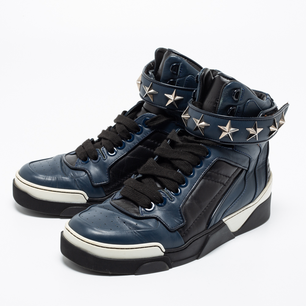 

Givenchy Navy Blue/Black Leather Tyson Star Studded High-Top Sneakers Size