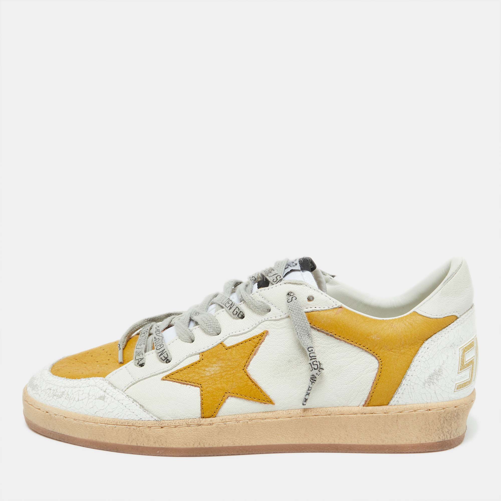 Pre-owned Golden Goose White/yellow Leather Ballstar Low Top Sneakers Size 42