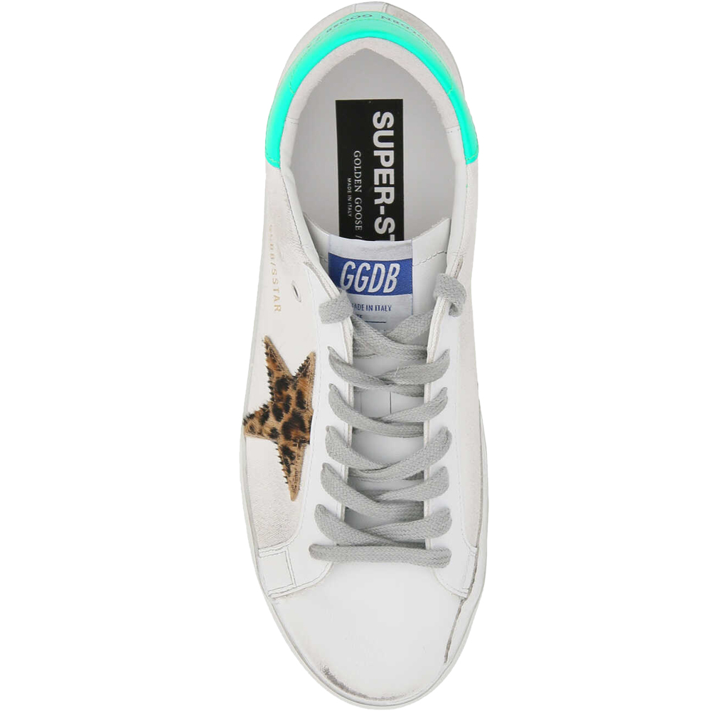 

Golden Goose White/Green Leather Leopard-print Pony hair SuperStar Sneakers Size IT