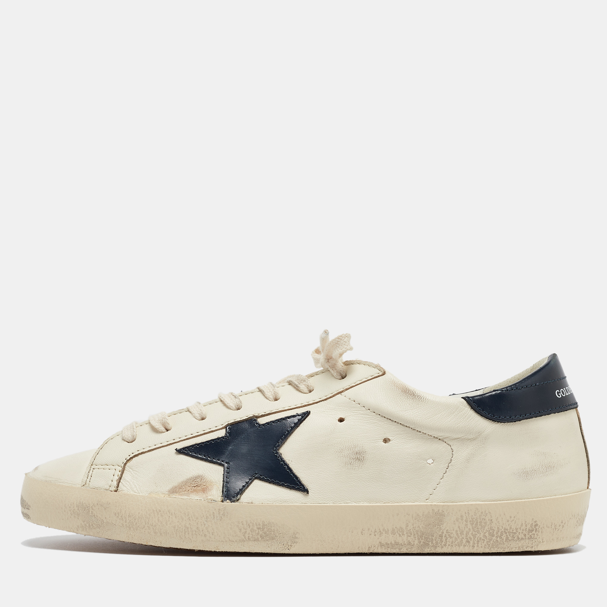 

Golden Goose Cream/Navy Blue Leather Superstar Sneakers Size