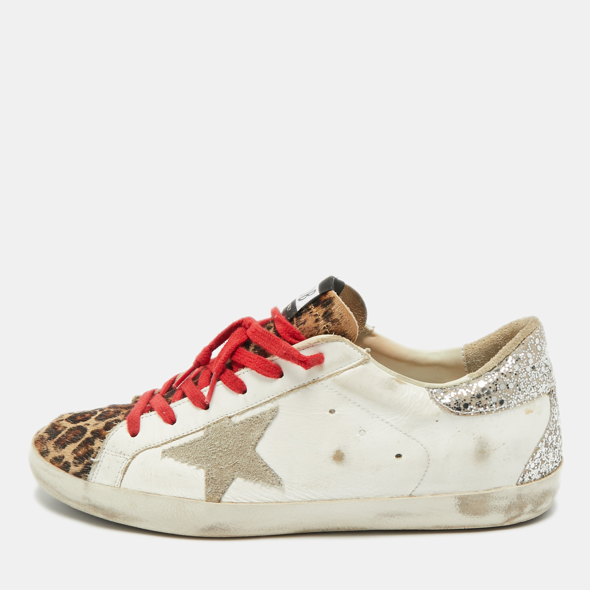 

Golden Goose White/Brown Calf Hair Leather Super Star Sneakers Size