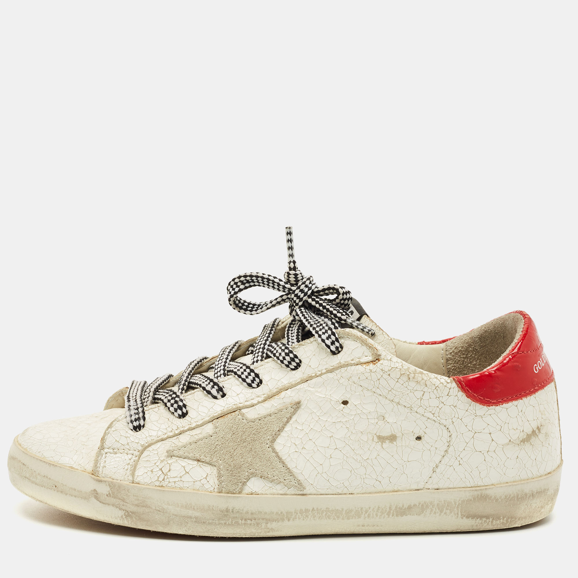 

Golden Goose White Leather and Patent Leather Super Star Lace Up Sneakers Size