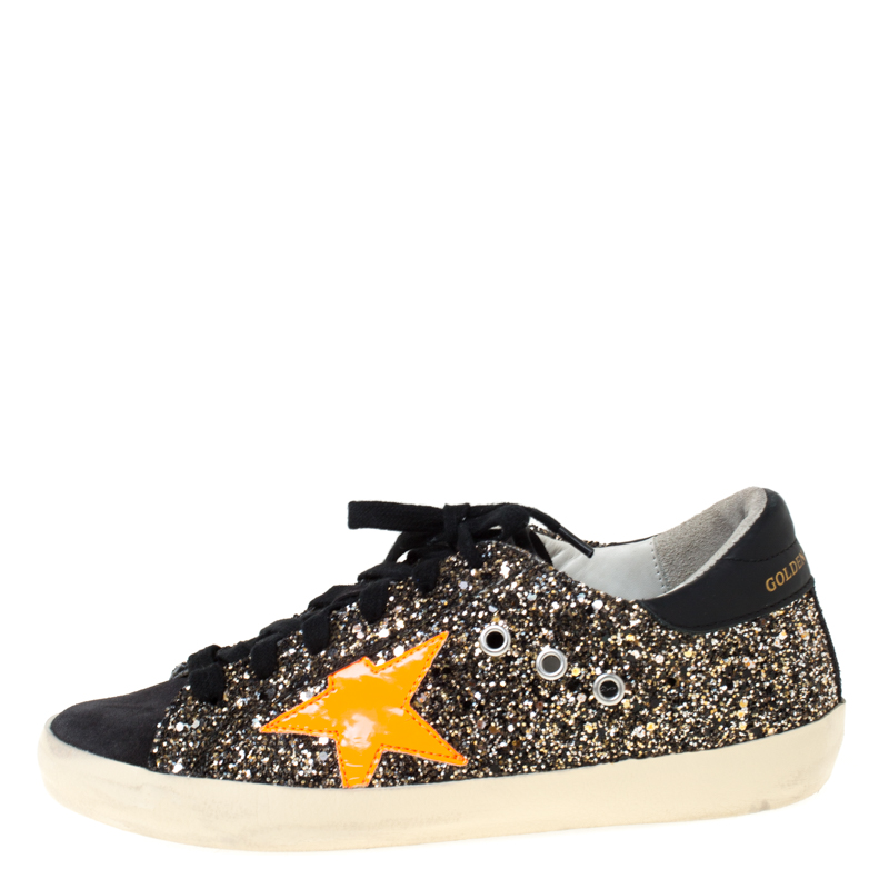 

Golden Goose Black/Neon Orange Glitter and Suede Superstar Lace Up Sneakers Size