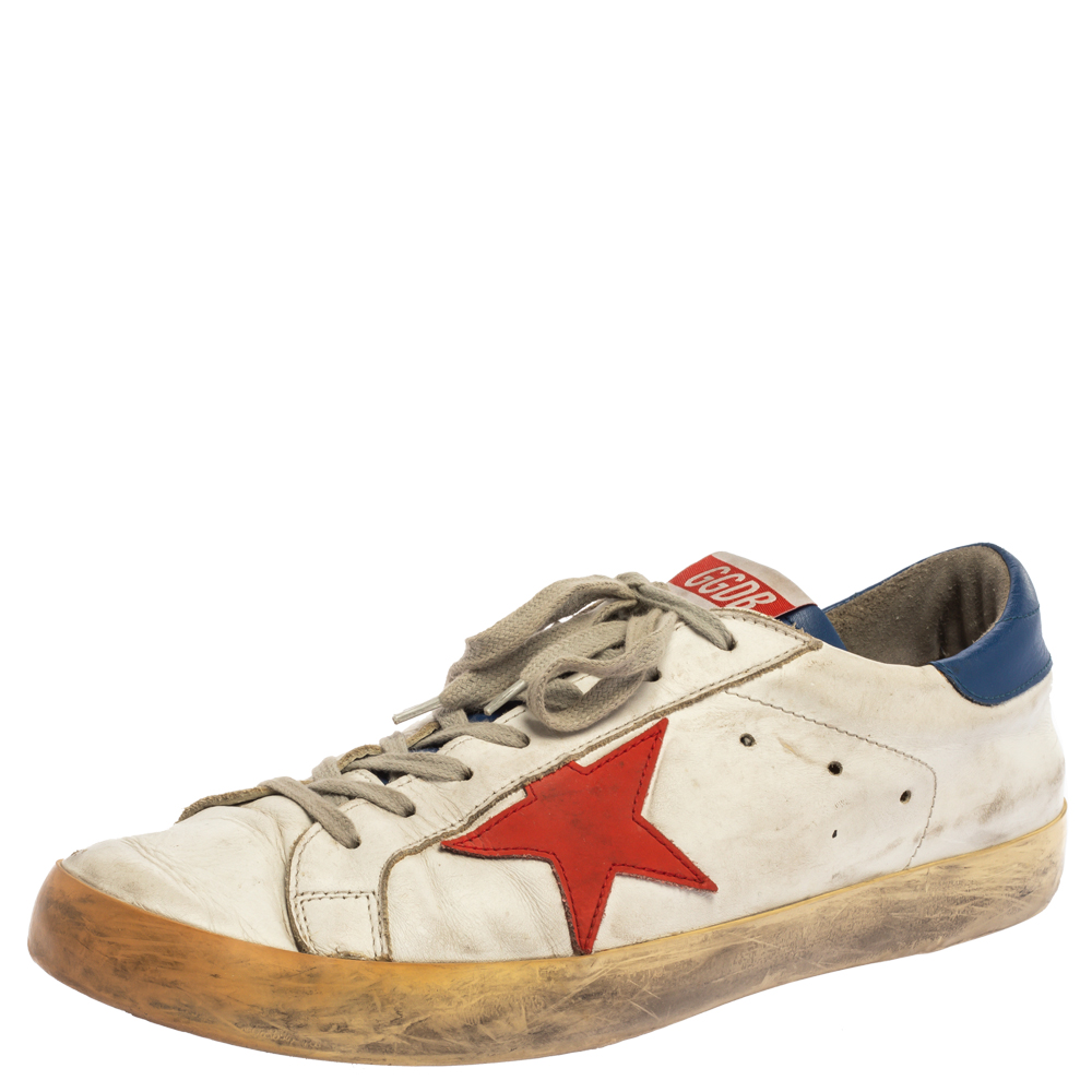 Pre Owned Golden Goose White/Blue Leather Superstar Lace Up Sneakers Size 43