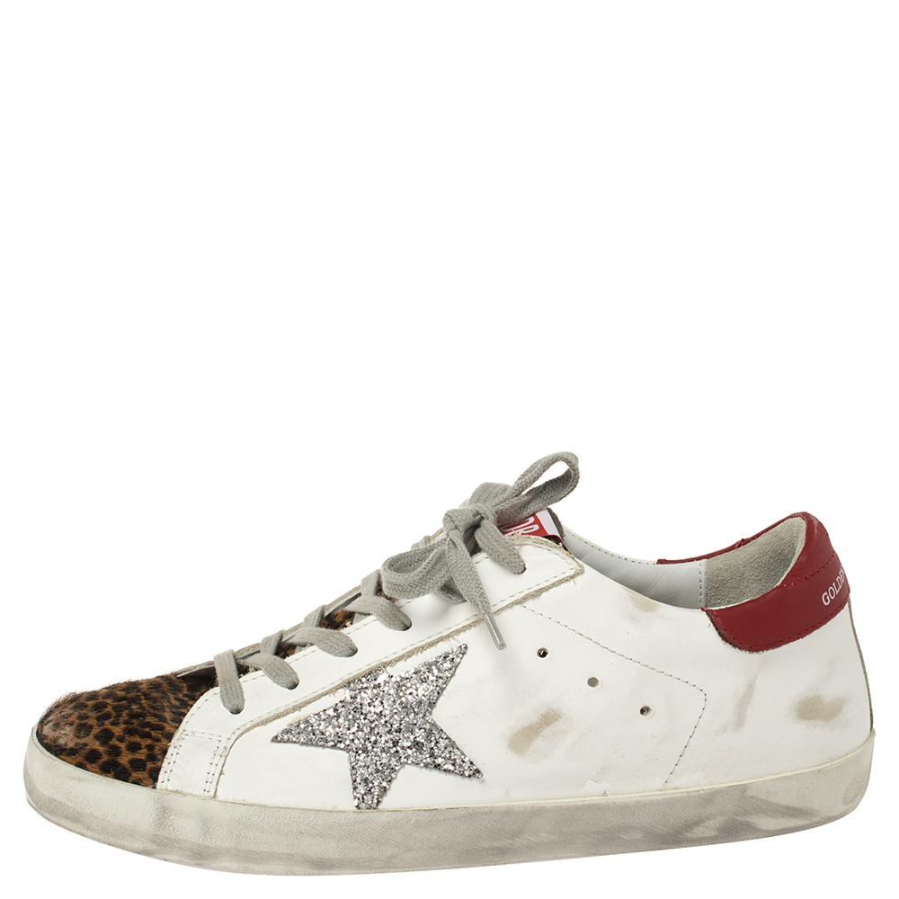 

Golden Goose White/ Brown Leather and Calf Hair Superstar Lace Up Sneakers Size