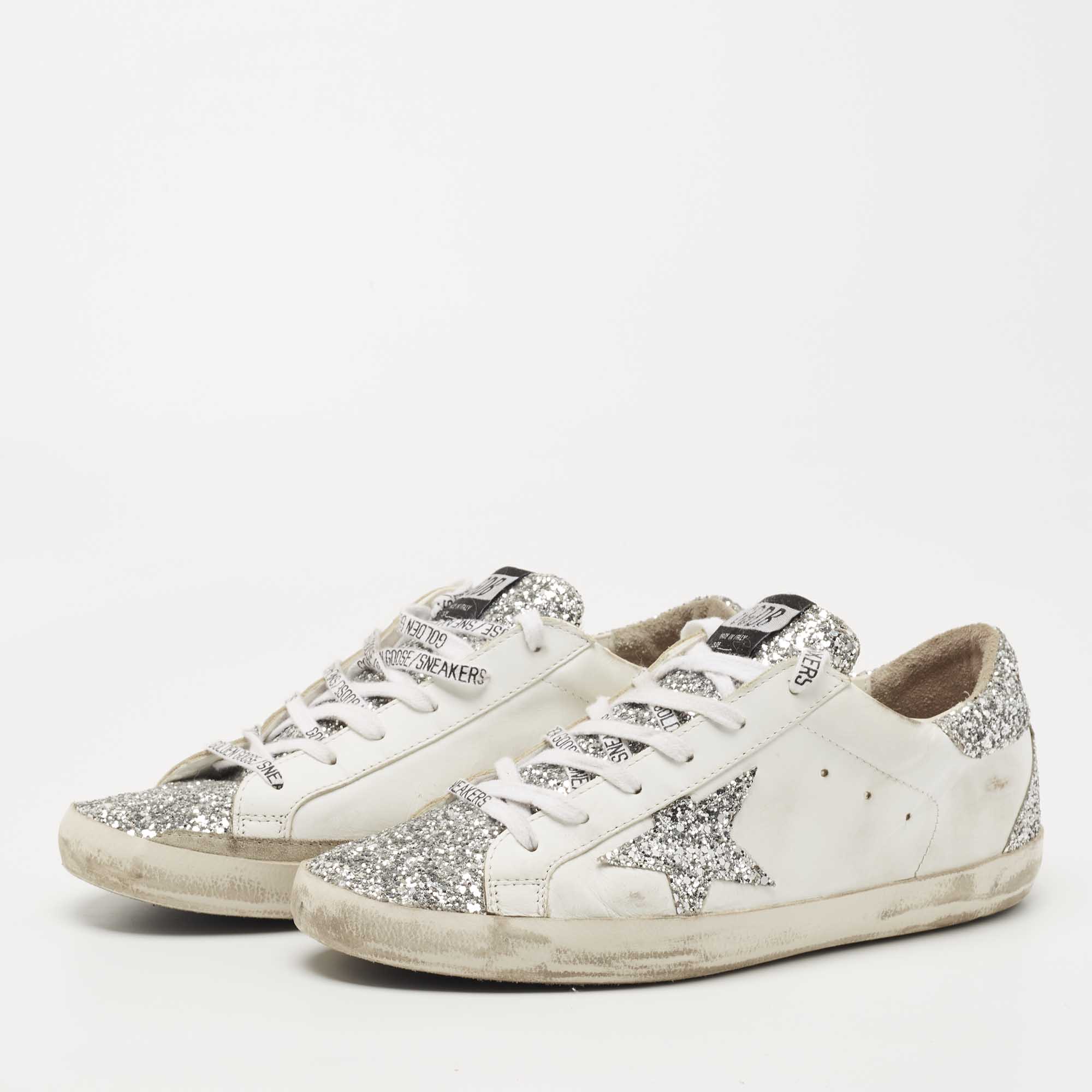 

Golden Goose White/Silver Leather and Coarse Glitter Superstar Sneakers Size