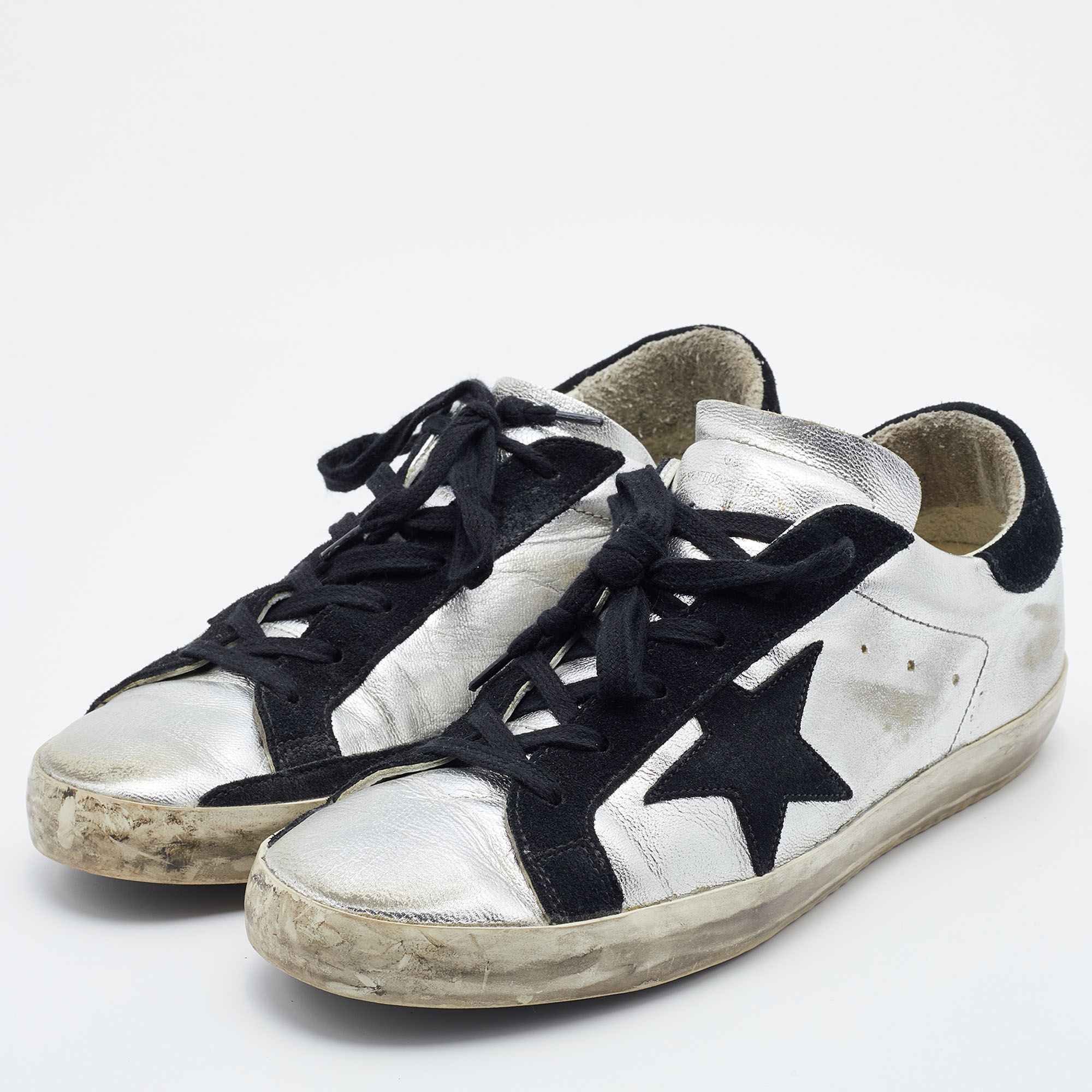 

Golden Goose Silver/Black Leather and Suede Superstar Low-Top Sneakers Size