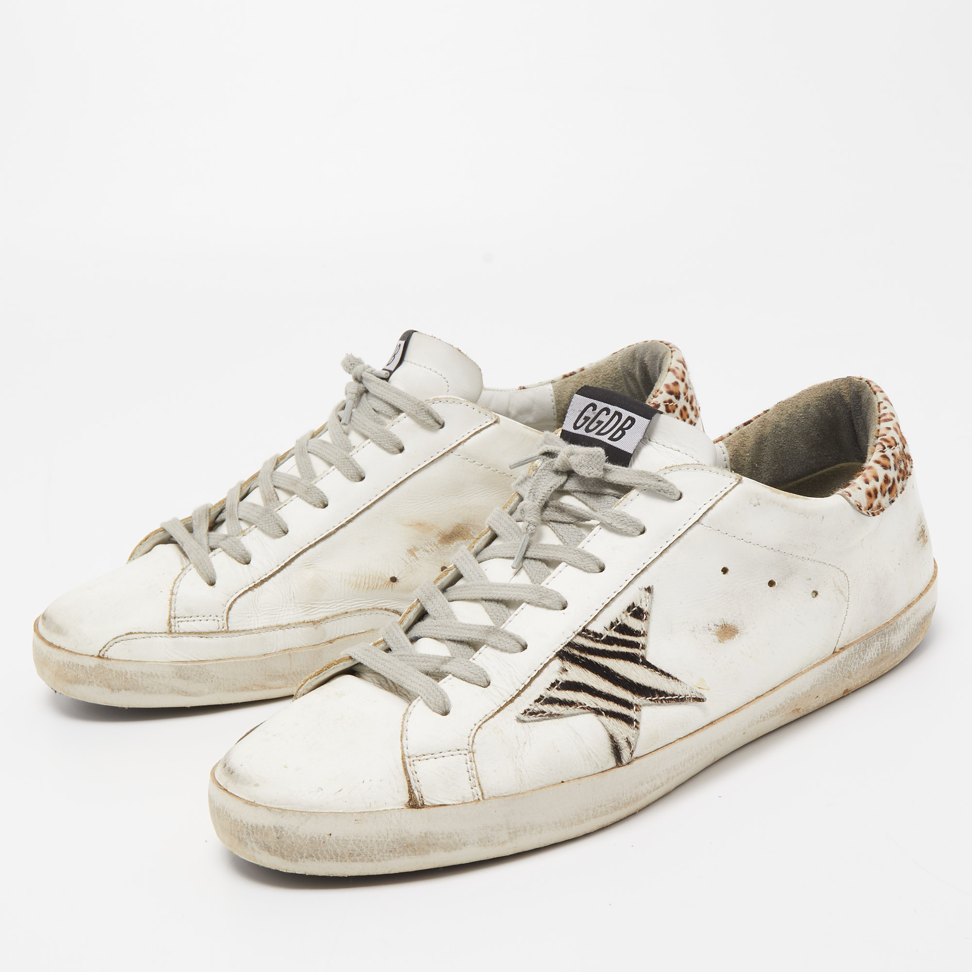 

Golden Goose White/Brown Leather and Leopard Print Calf Hair Superstar Sneakers Size