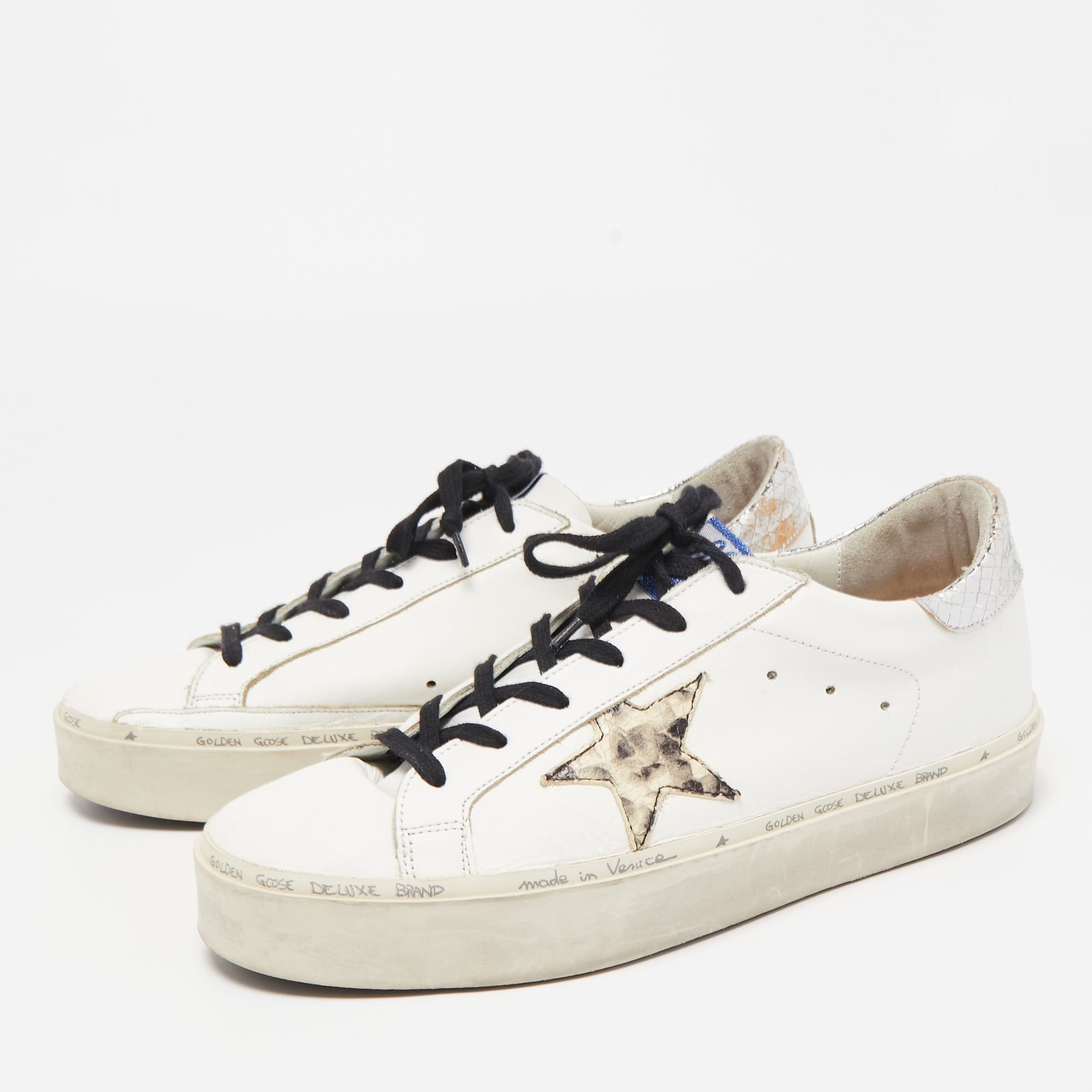 

Golden Goose White/Silver Leather and Python Embossed Leather Hi Star Sneakers Size