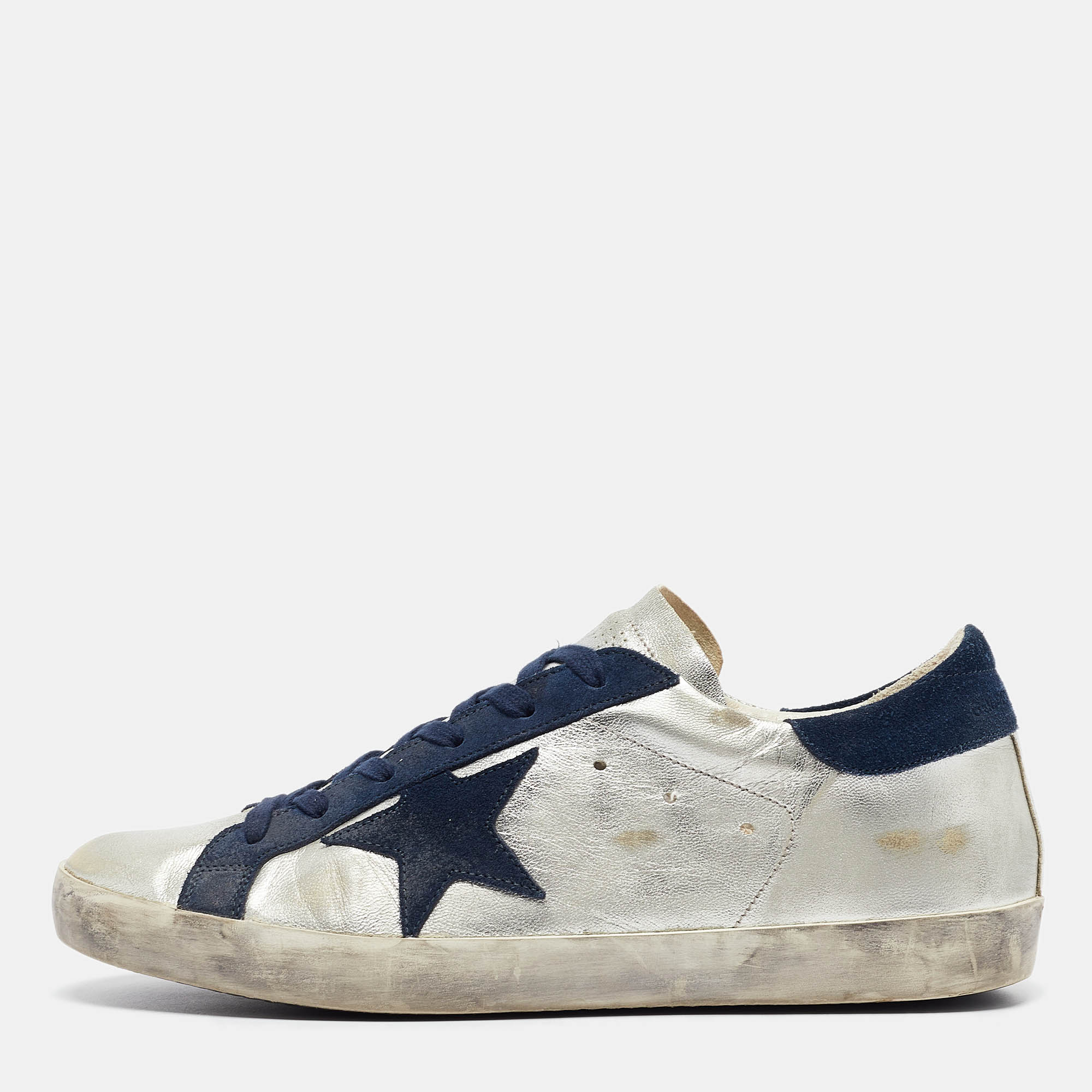 

Golden Goose Silver/Navy Blue Leather and Suede Superstar Sneakers Size