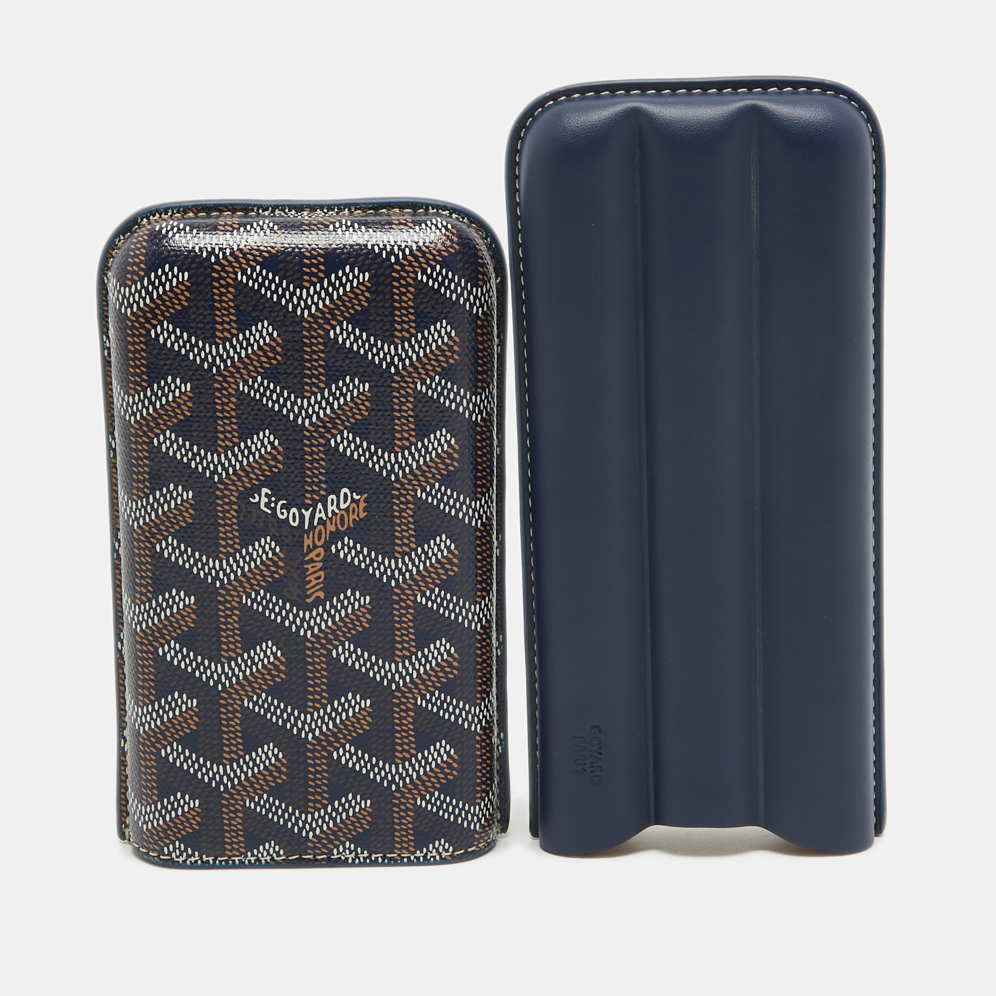 Pre-owned Goyard Ine Coated Canvas And Leather Churchill 3 Cigar Case In Navy Blue