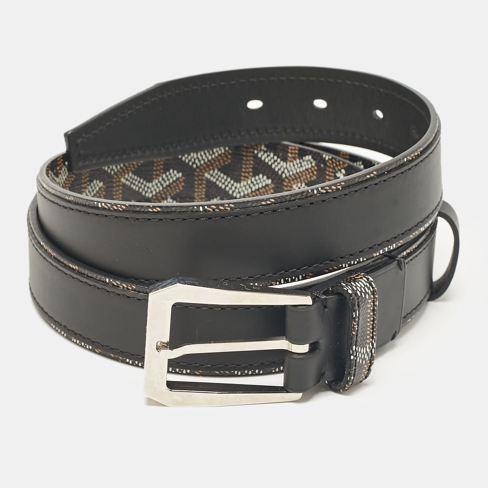 Pre-owned Goyard Ine Coated Canvas And Leather Buckle Belt 95 Cm In Black