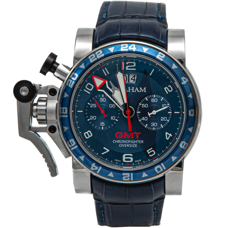  ساعة يد رجالية غراهام GMT علبة بظهر شفاف كرونوفايتر كبيرة زرقاء 47 مم