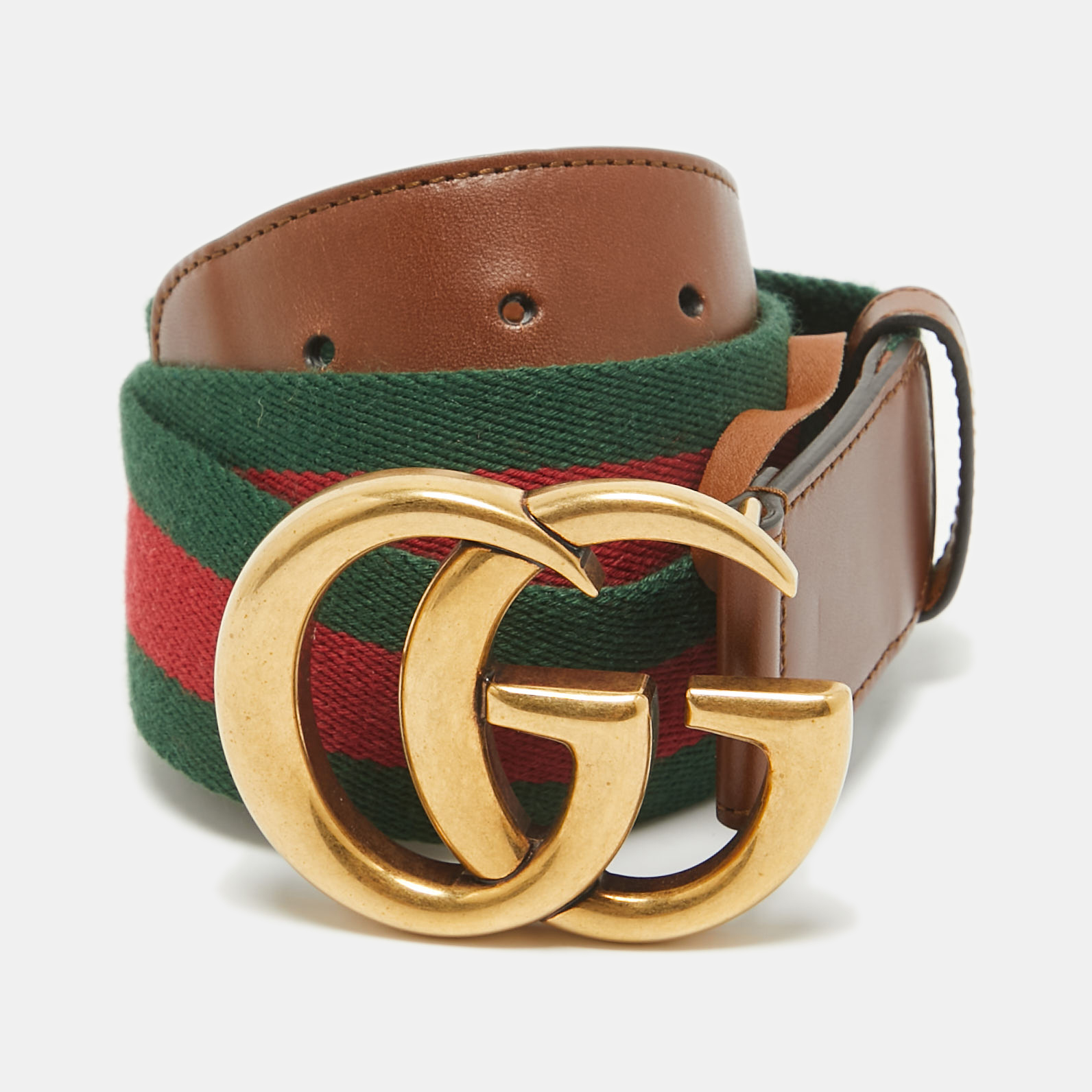 

Gucci Brown Web Canvas and Leather GG Marmont Buckle Belt