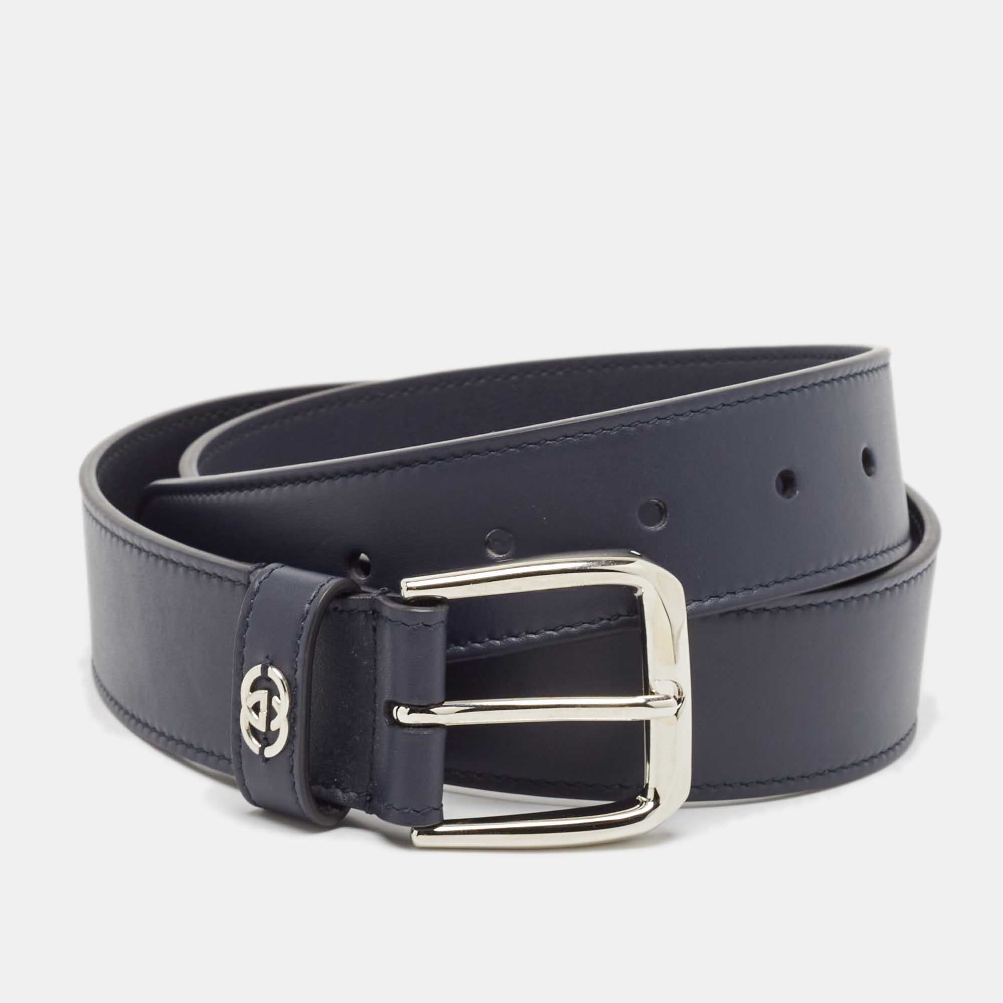 

Gucci Navy Blue Leather Interlocking G Buckle Belt