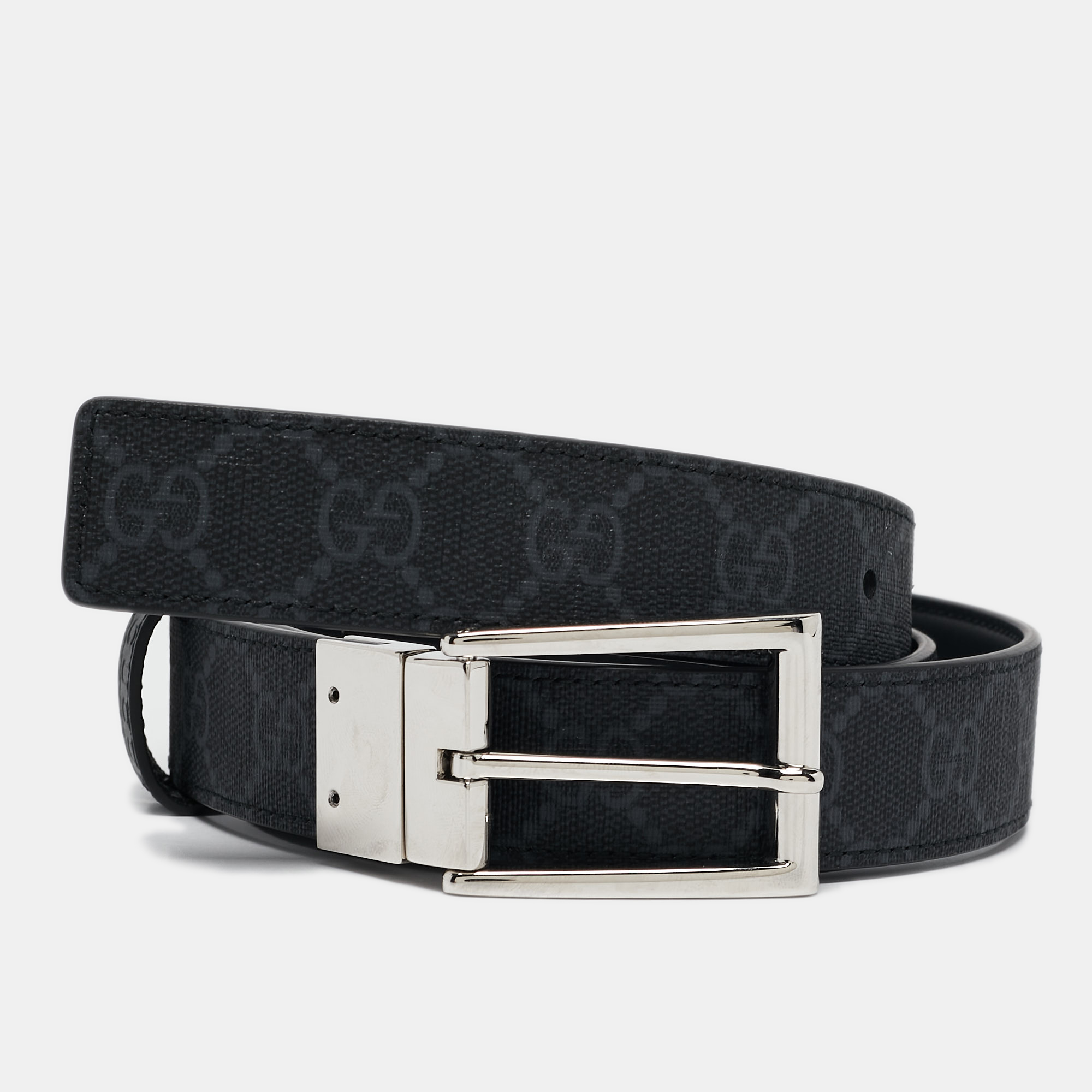 

Gucci Black GG Supreme Canvas and Leather Buckle Reversible Belt