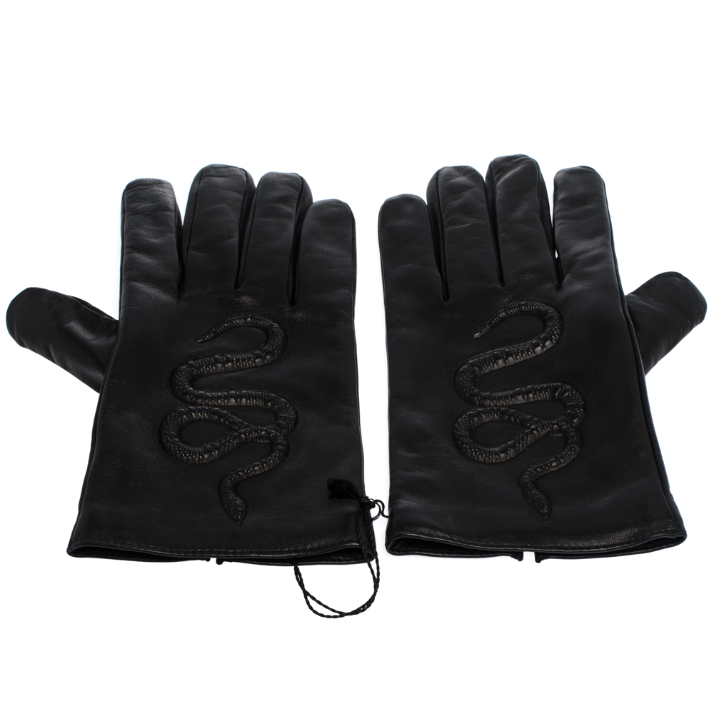 

Gucci Black Snake Embossed Leather Gloves Size