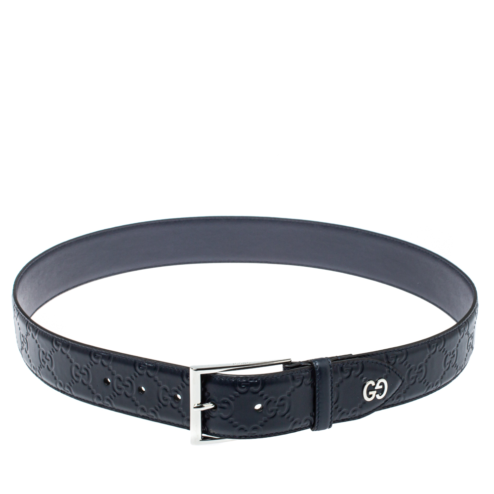 Pre-owned Gucci Ssima Leather Gg Detail Signature Belt 90cm In Navy Blue