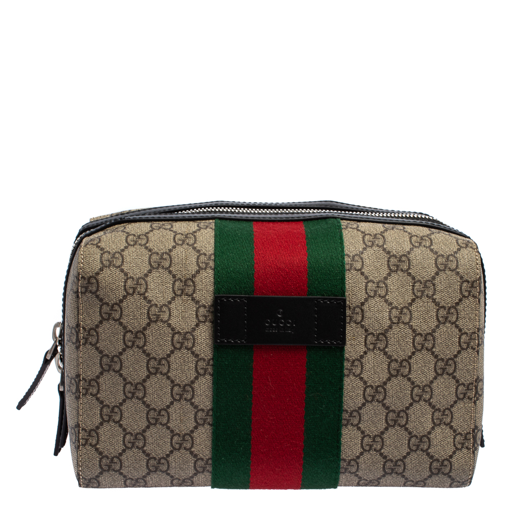 Pre-owned Gucci Beige/balck Gg Supreme Canvas And Leather Web Toiletry Pouch