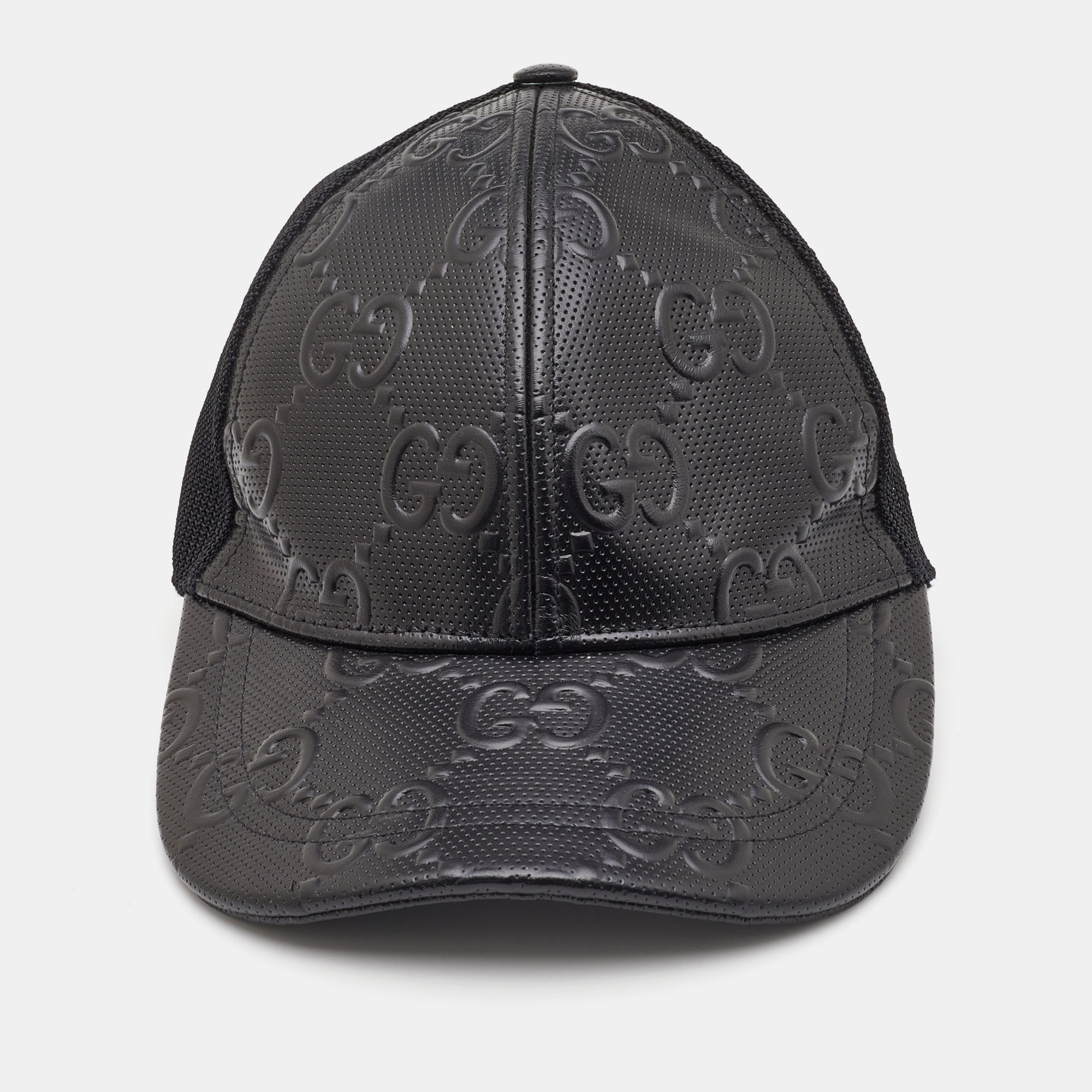 

Gucci Black Logo Embossed Leather& Mesh Baseball Cap