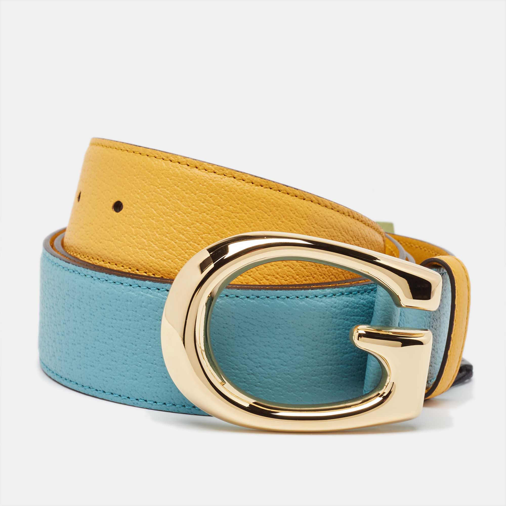 Pre-owned Gucci Mustard/blue Leather Memorable G Buckle Belt 100cm In Yellow