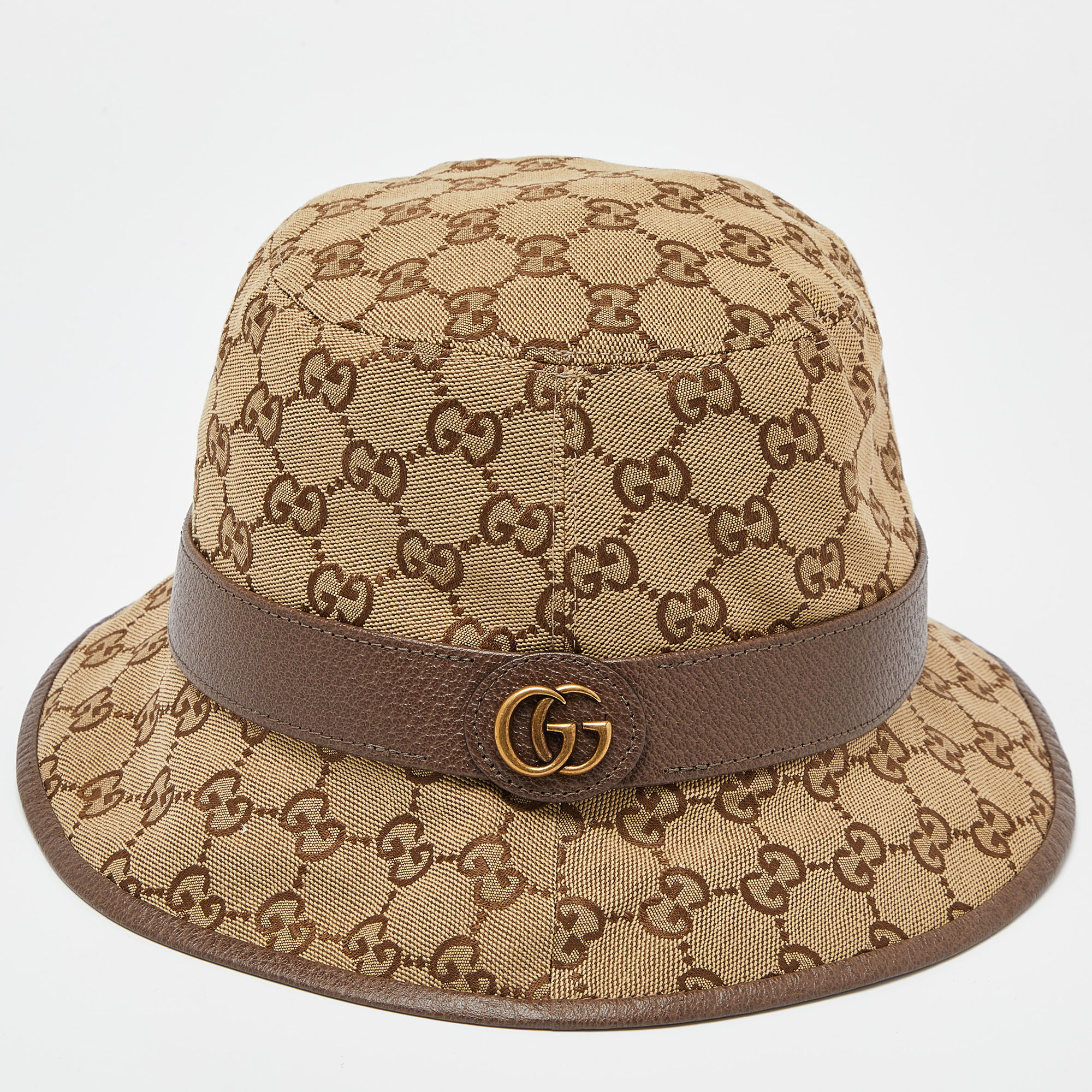 

Gucci Brown GG Monogram Leather Trim Canvas Bucket Hat