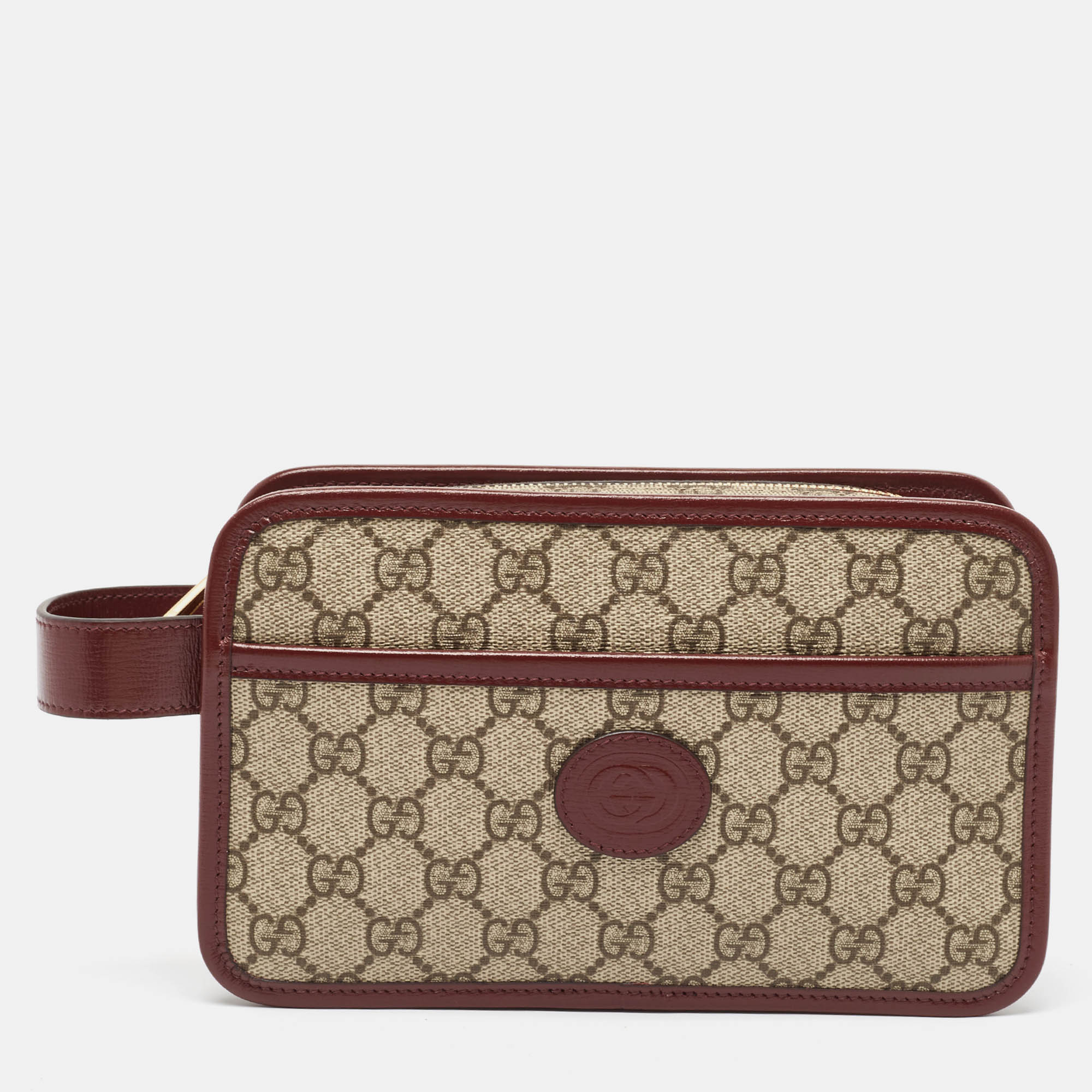 

Gucci Burgundy/Beige GG Supreme Canvas and Leather Interlocking G Travel Pouch