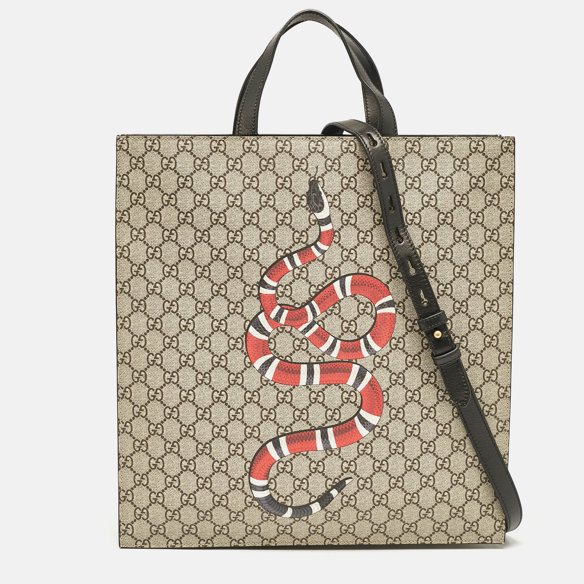 

Gucci Black/Beige GG Supreme Canvas and Leather Kingsnake Vertical Shopping Tote