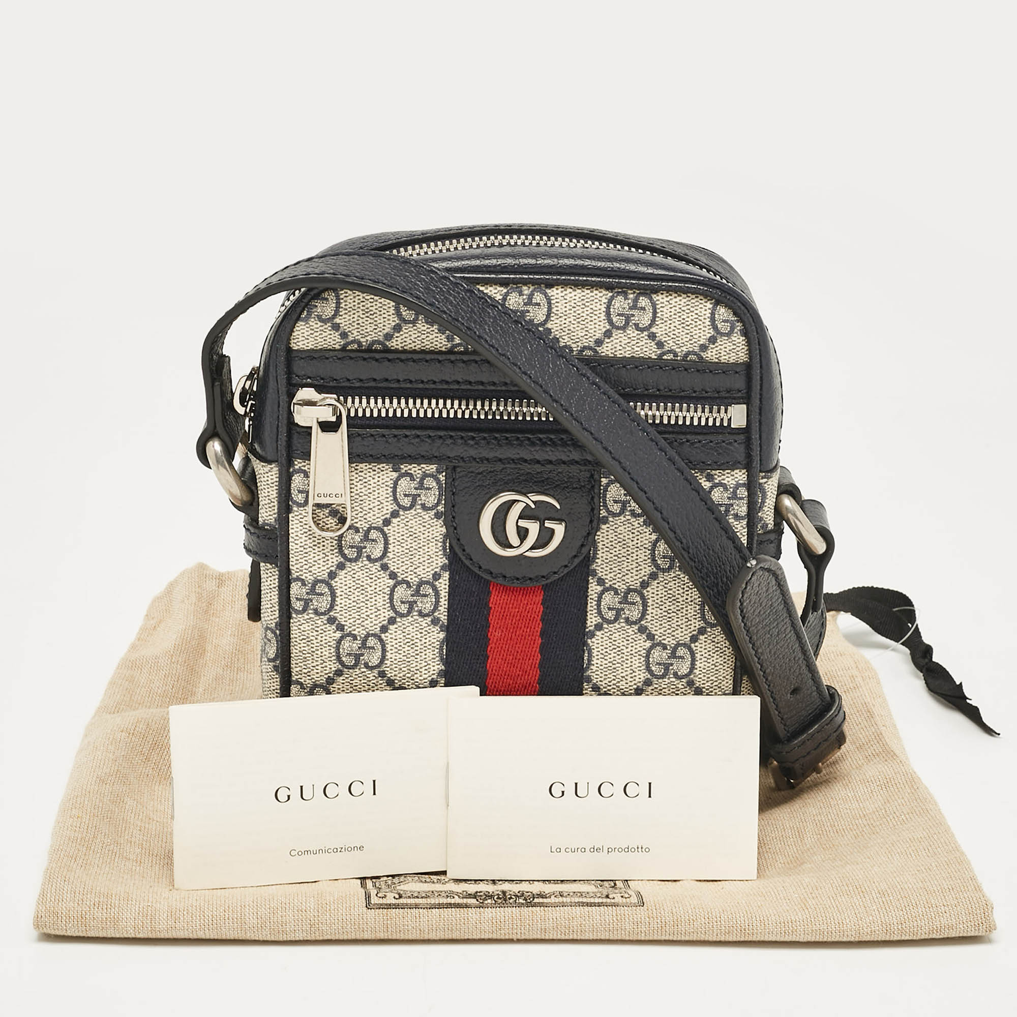 Gucci Beige/Navy Blue GG Supreme Canvas and Leather Ophidia Shoulder Bag 10