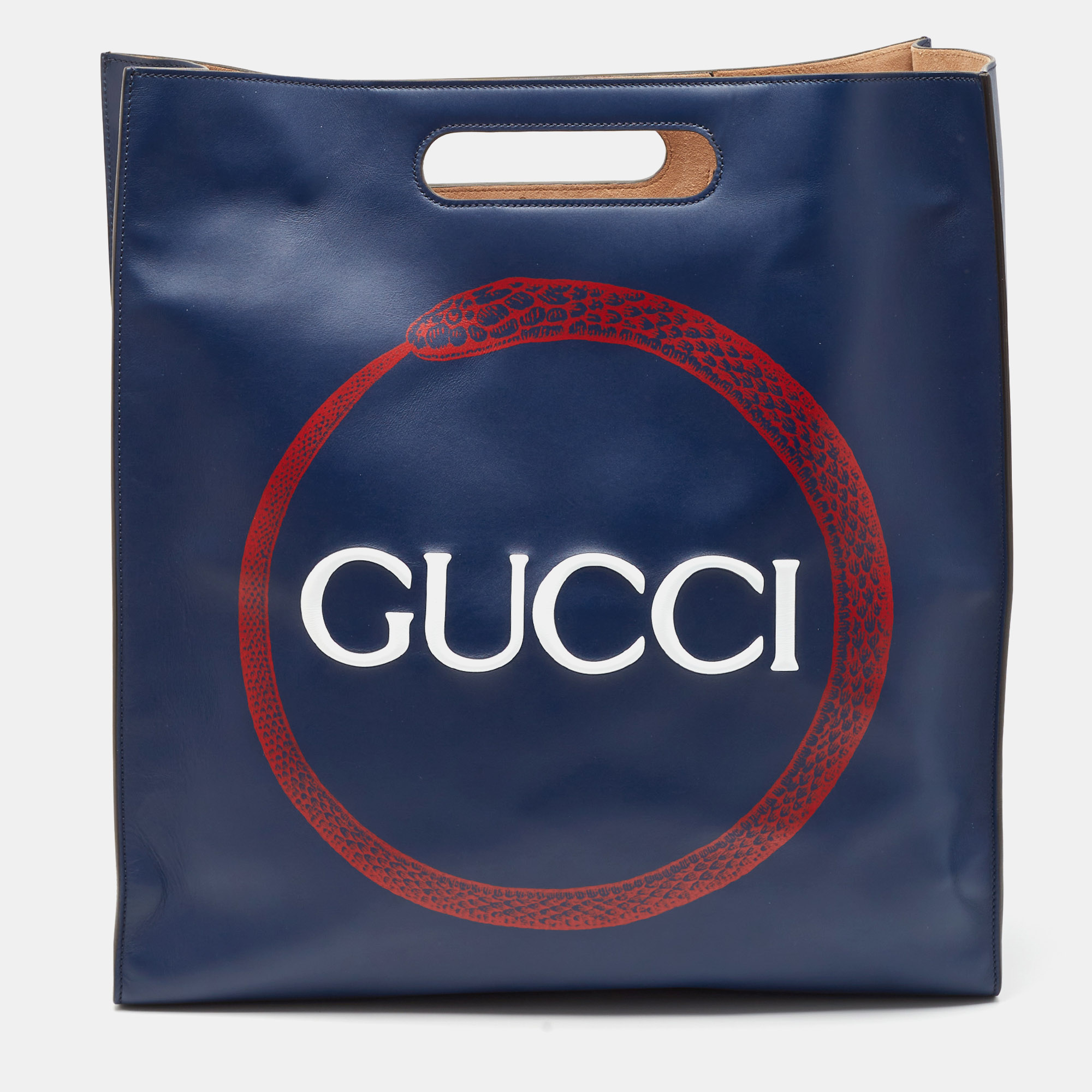 

Gucci Navy Blue Leather Logo Embossed Cut Out Handle Tote