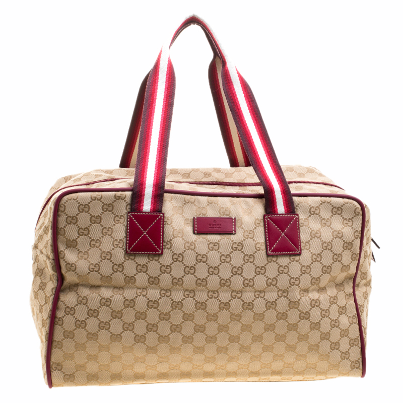 Gucci Beige/Burgundy GG Canvas Carryall Duffel Bag