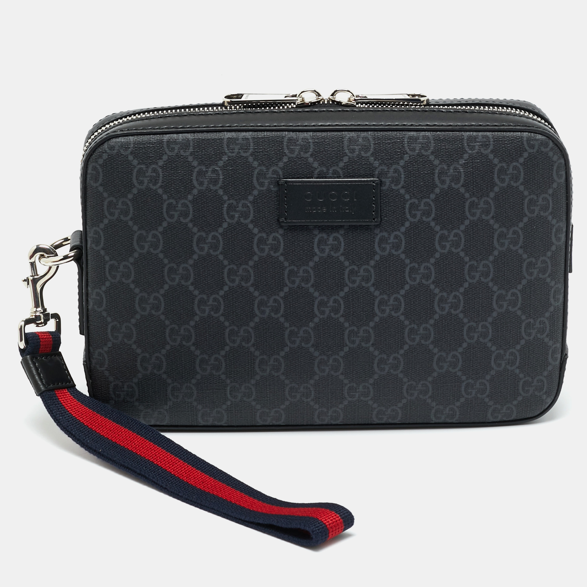 

Gucci Black GG Supreme Canvas and Leather Wristlet Pouch