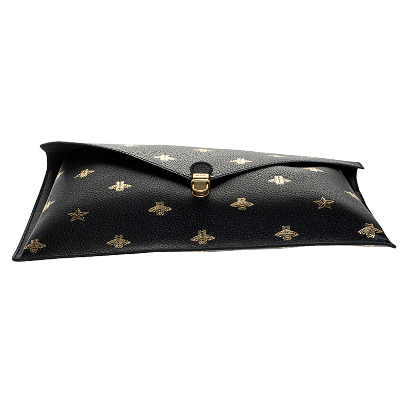 Gucci Black Bee Star Leather Portfolio Clutch