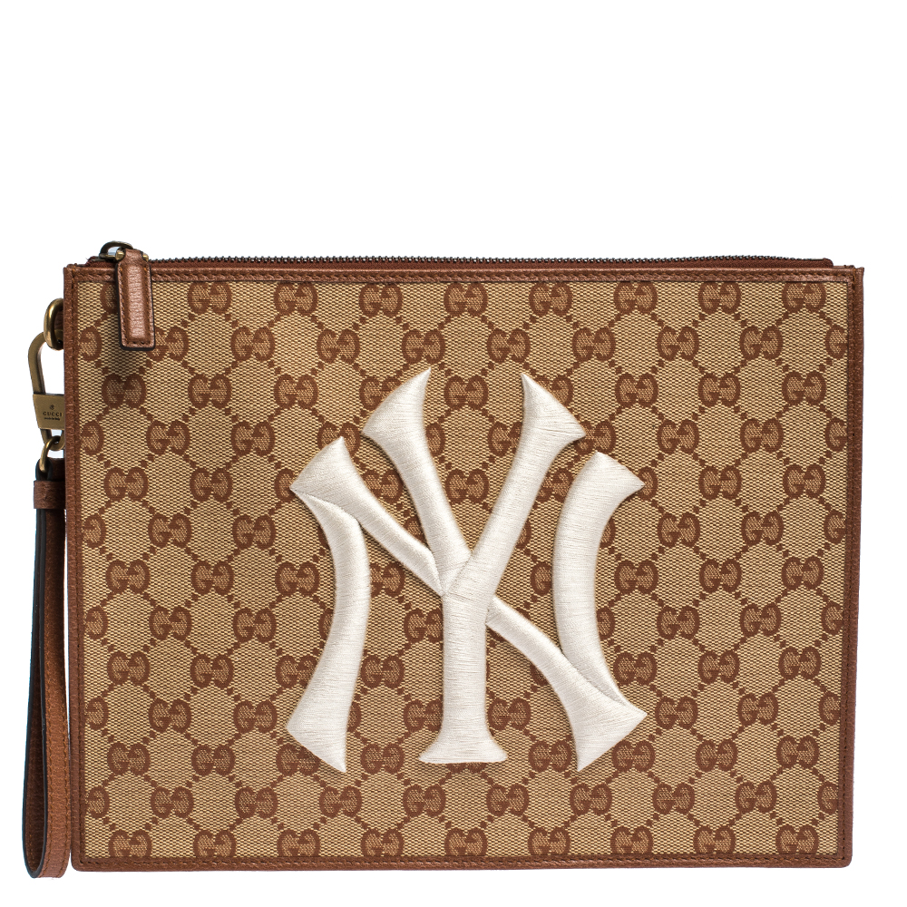 Gucci Beige GG Canvas and Leather NY Yankees™ Patch Wristlet Pouch