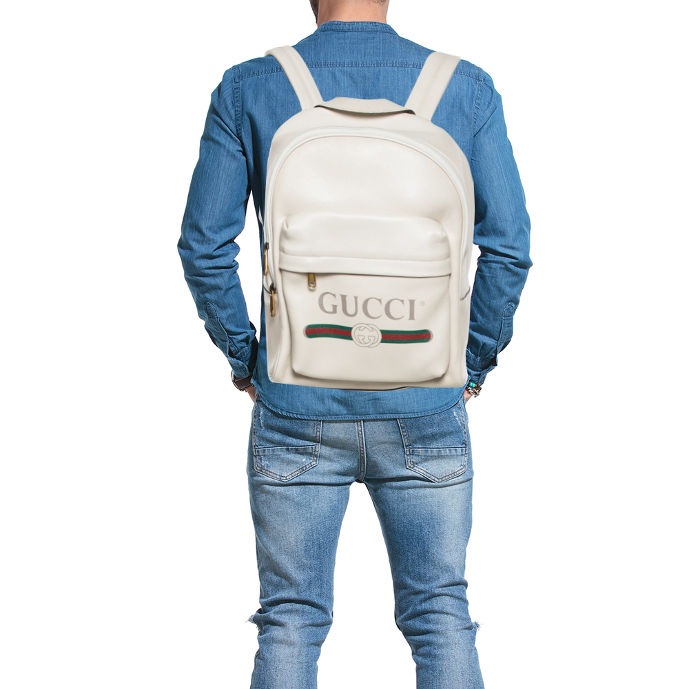

Gucci Cream White Leather Gucci Print Backpack