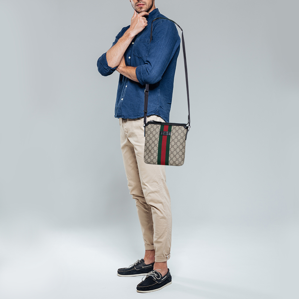 

Gucci Beige GG Supreme Canvas Web Flat Messenger Bag
