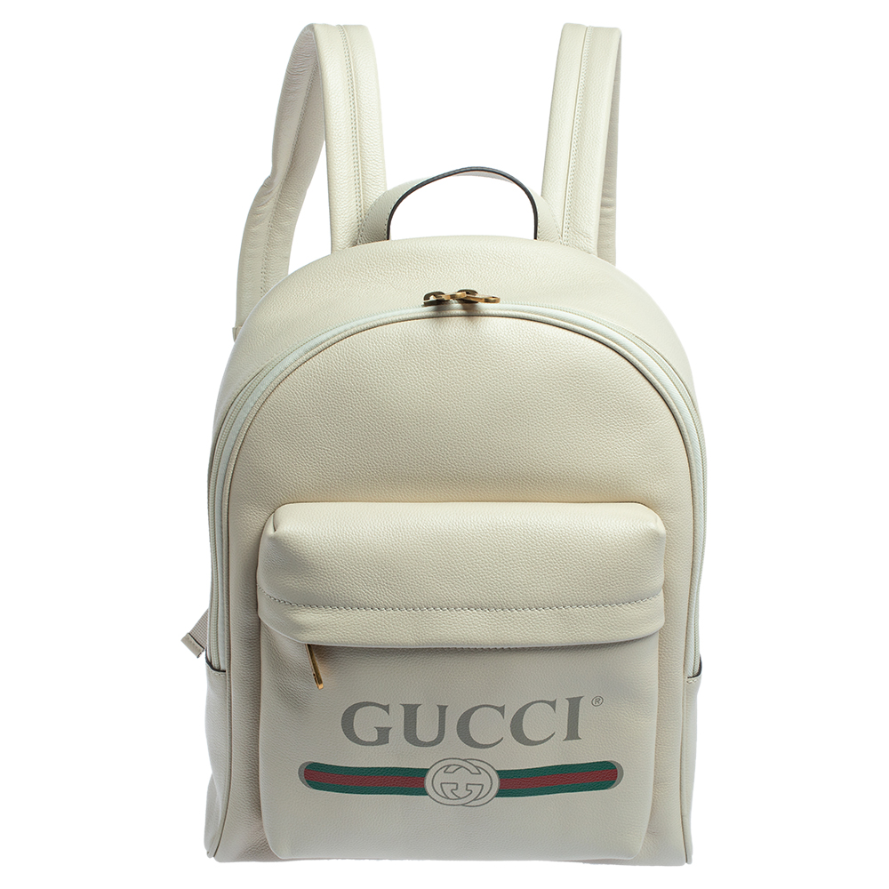 Pre-owned Gucci Off White Leather Logo Print Backpack