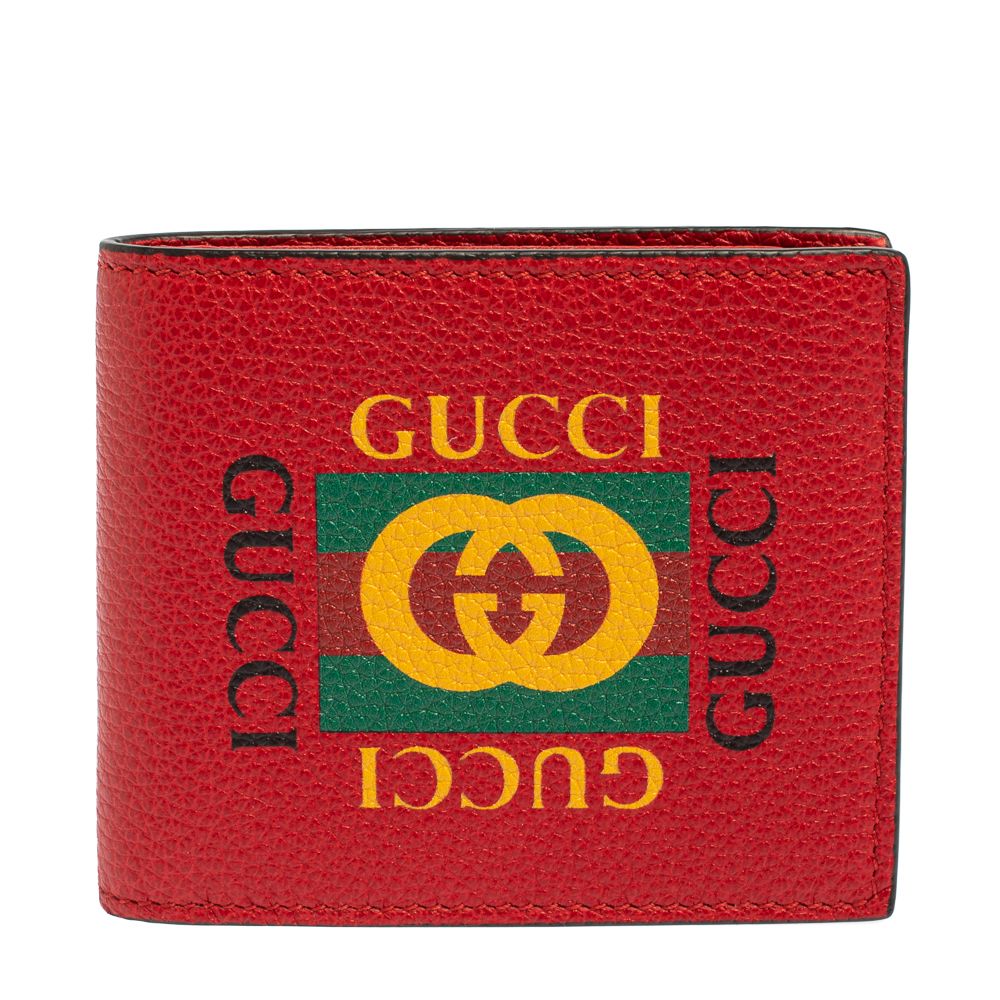 Pre-owned Gucci Red Leather Logo Bifold Wallet