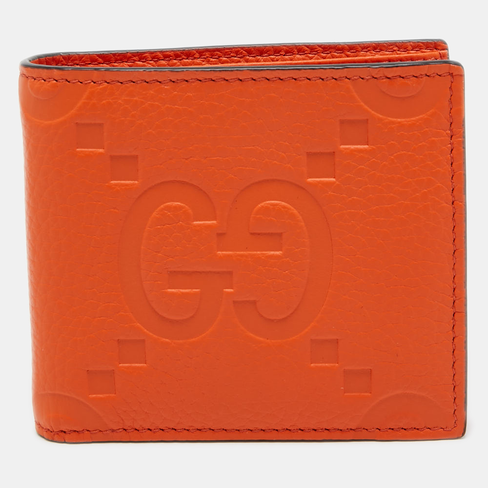 Pre-owned Gucci Orange Jumbo Gg Leather Coin Bifold Wallet