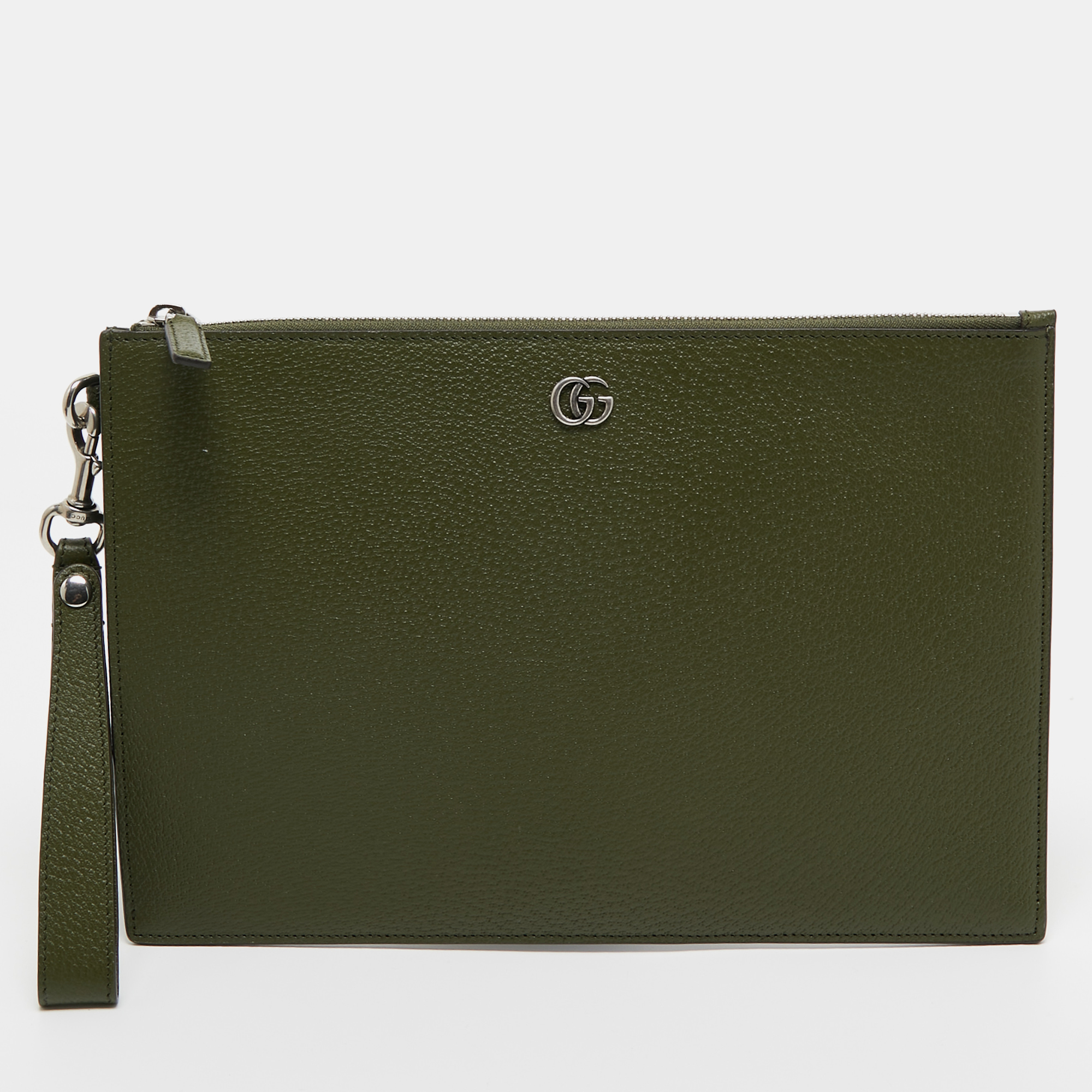Gucci Fatigue Green Leather GG Marmont Pouch