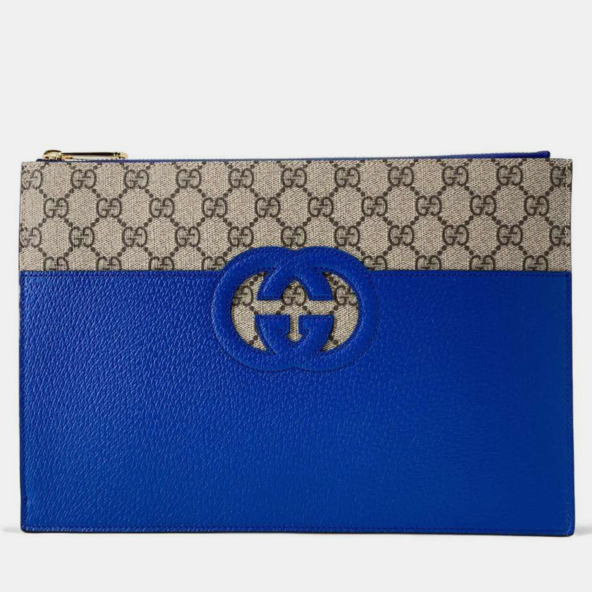 Pre-owned Gucci Blue Leather And Gg Canvas Gg Clutch Bag