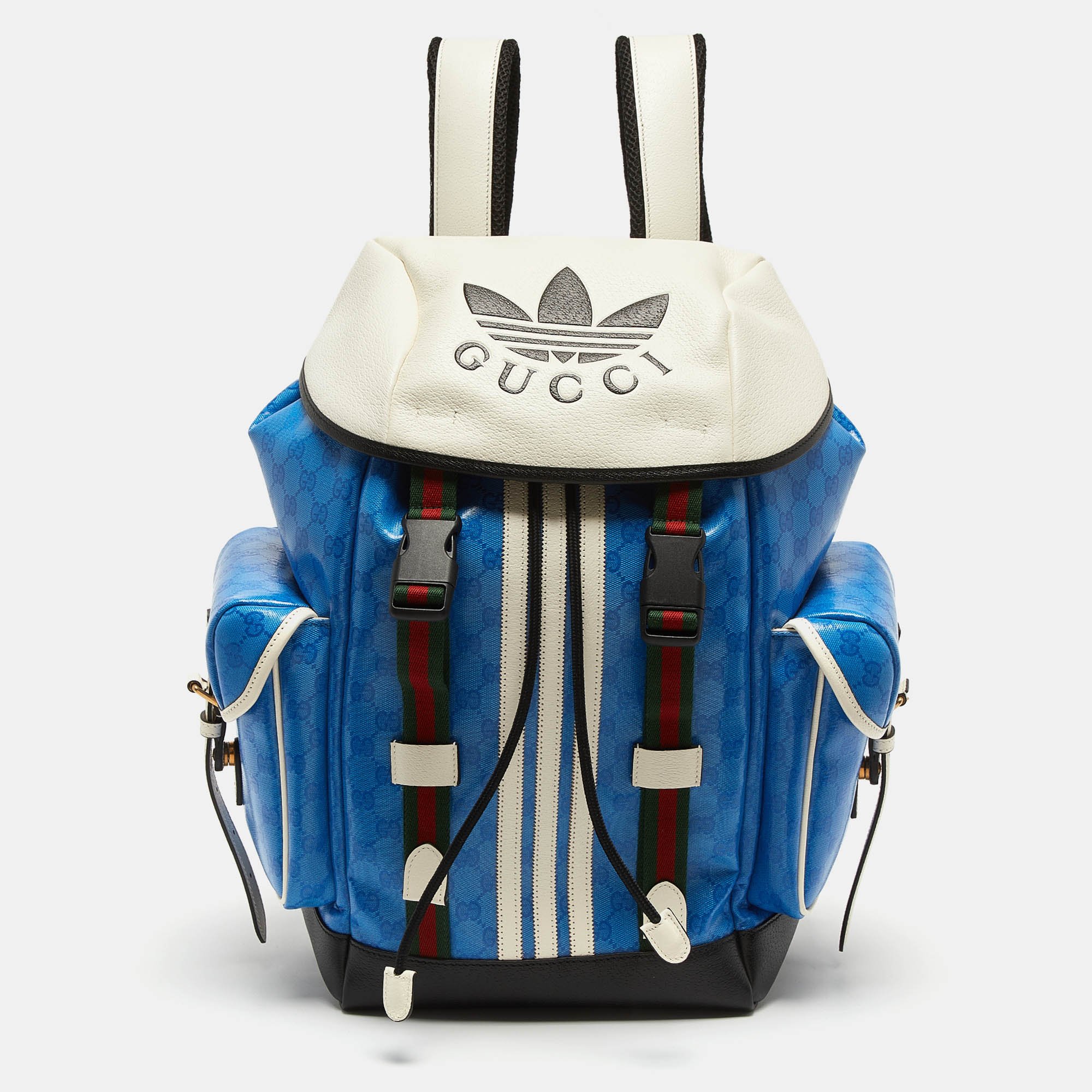 Pre-owned Gucci X Adidas Blue/white Gg Crystal Canvas And Leather Backpack