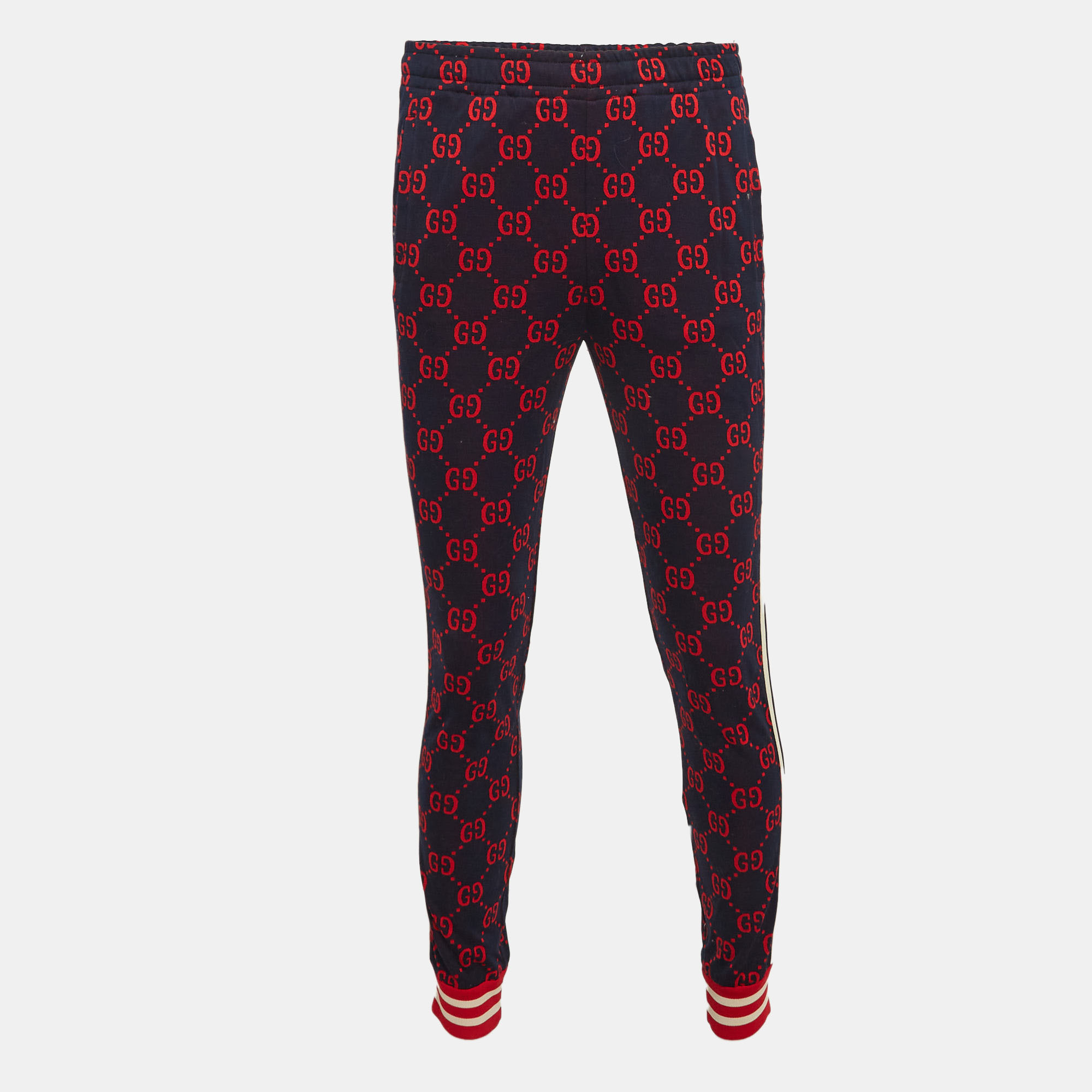 Pre-owned Gucci Navy Blue/red Gg Web Jacquard Knit Joggers S