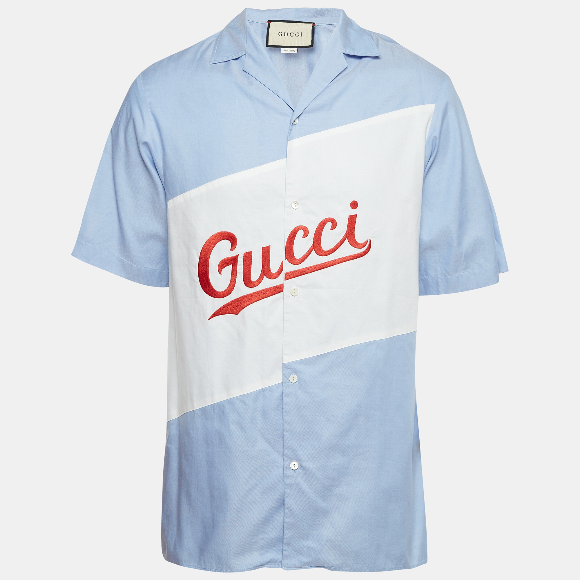 

Gucci Blue Logo Embroidered Cotton Loose Fit Bowling Shirt XS